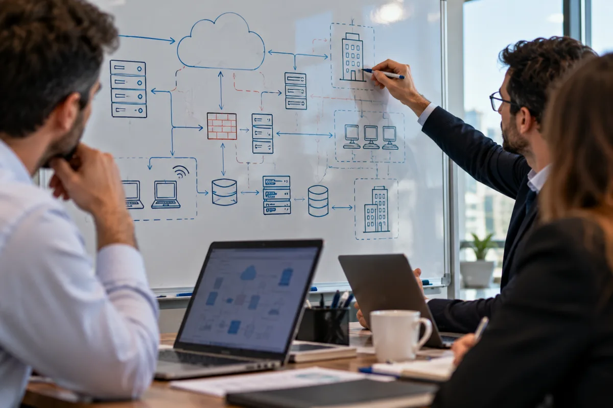 Team member sketching a network scope diagram on a whiteboard with cloud, server, office and laptop icons joined by arrows