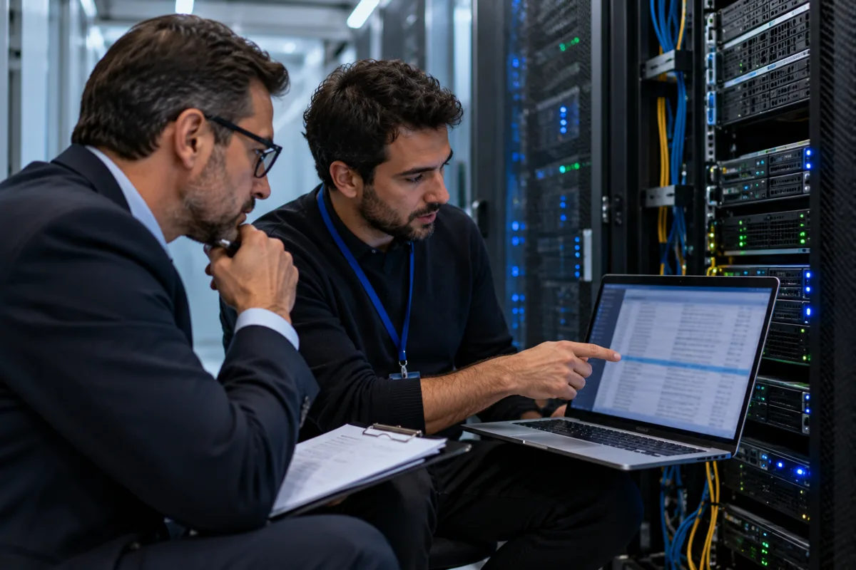 Auditor with a clipboard and an IT administrator reviewing logs on a laptop beside server racks in a server room