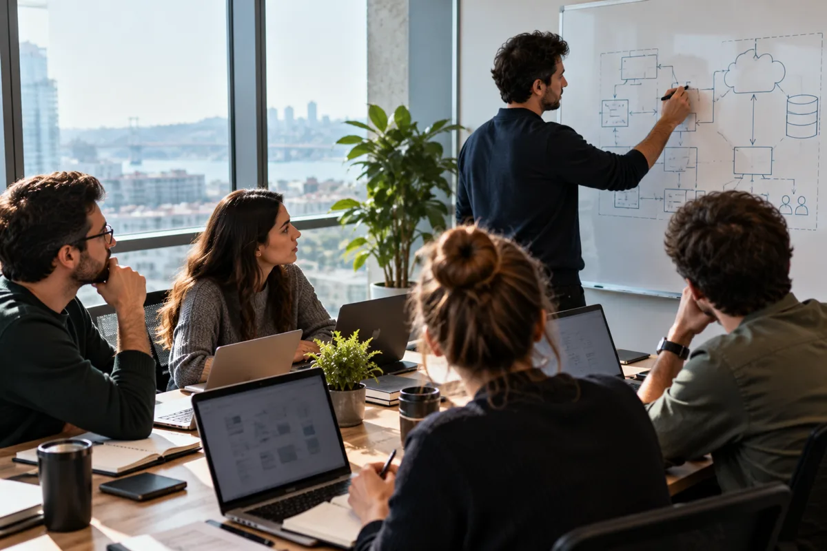 Small SaaS team at a meeting table with laptops while a colleague maps systems on a whiteboard, preparing for an ISO 27001 audit