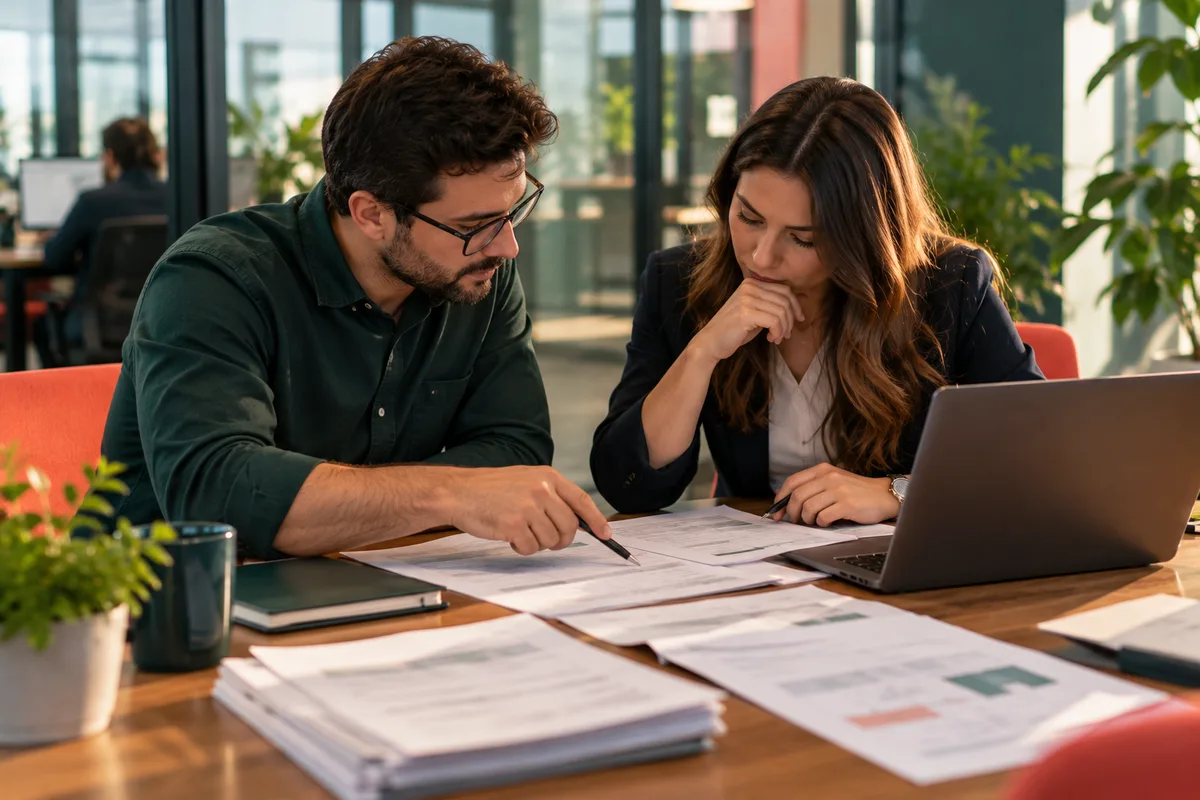 Sales engineer and security lead reviewing a long printed vendor security questionnaire beside a laptop