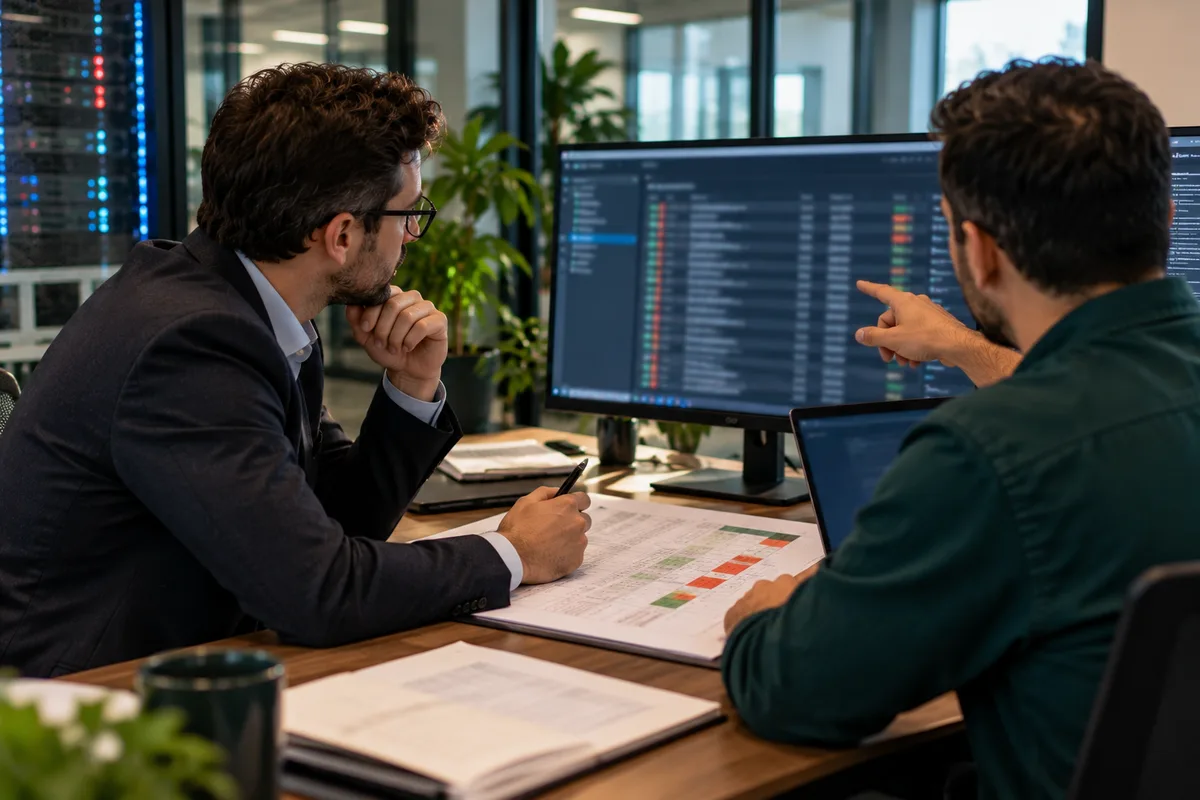 Auditor and IT manager reviewing access logs on a large monitor with a printed control matrix on the desk