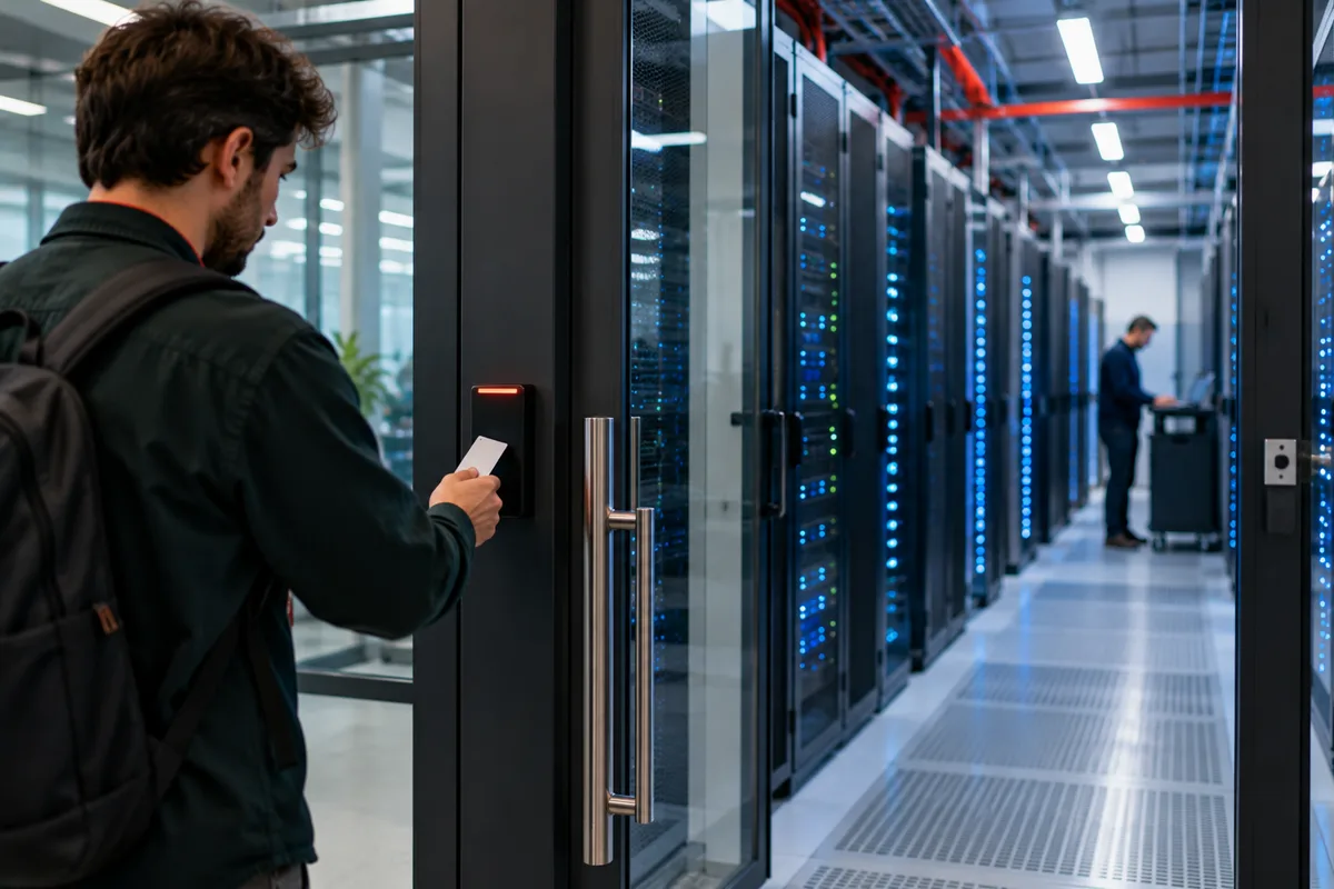 Technician badging into a secure data centre door with rows of server racks lit in blue beyond