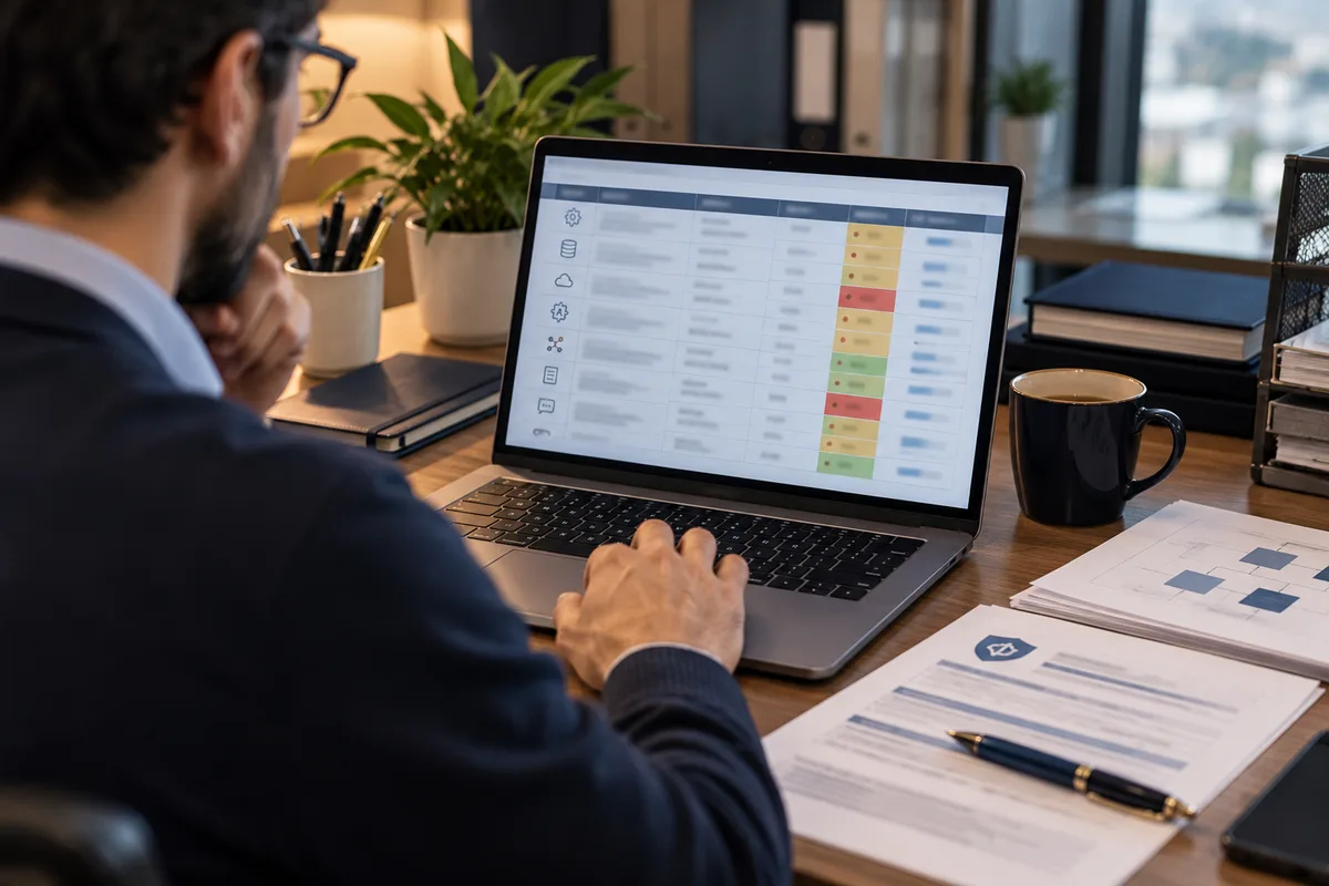 Compliance manager reviewing a list of AI systems with color-coded risk ratings on a laptop