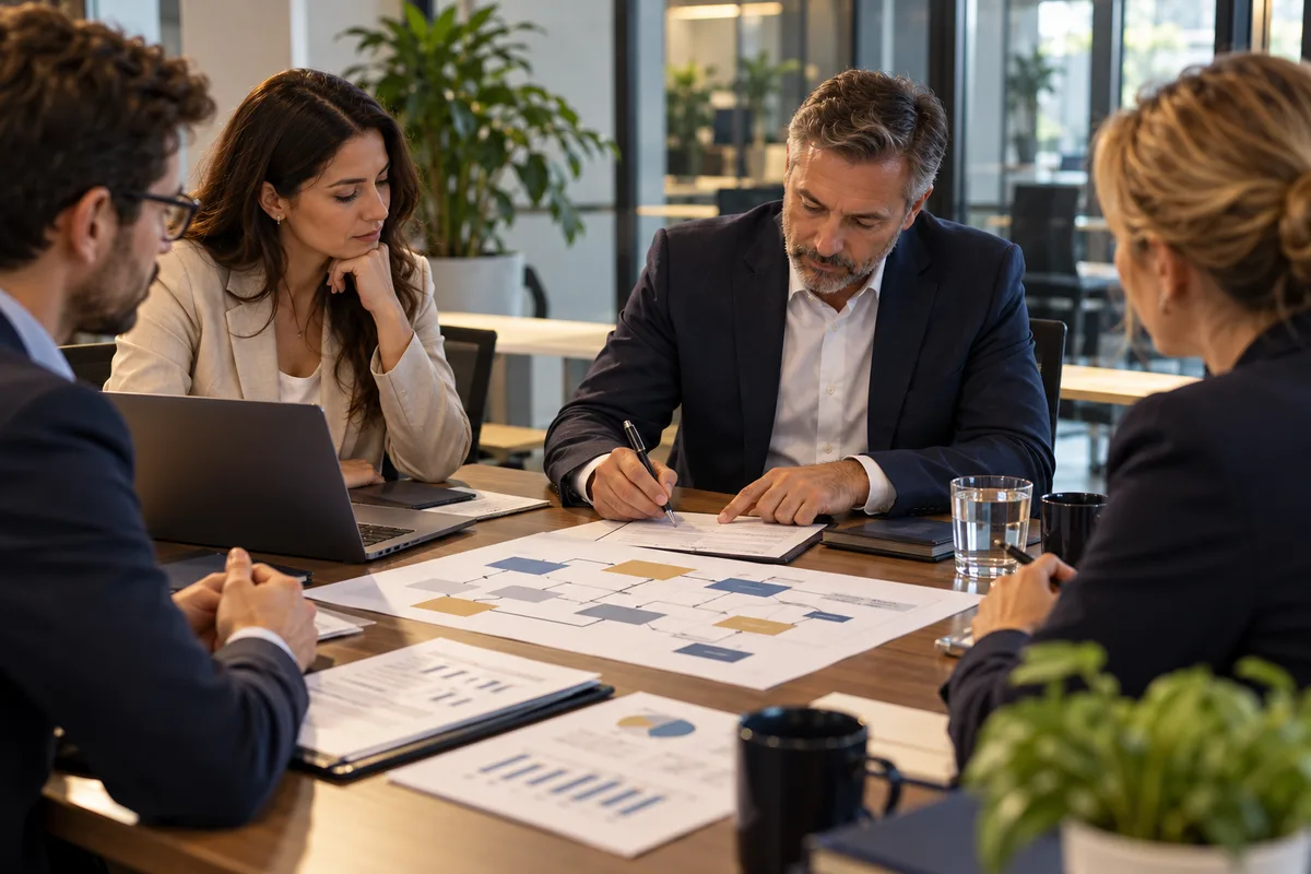 Management review meeting where a senior manager signs off a document beside a printed process flowchart