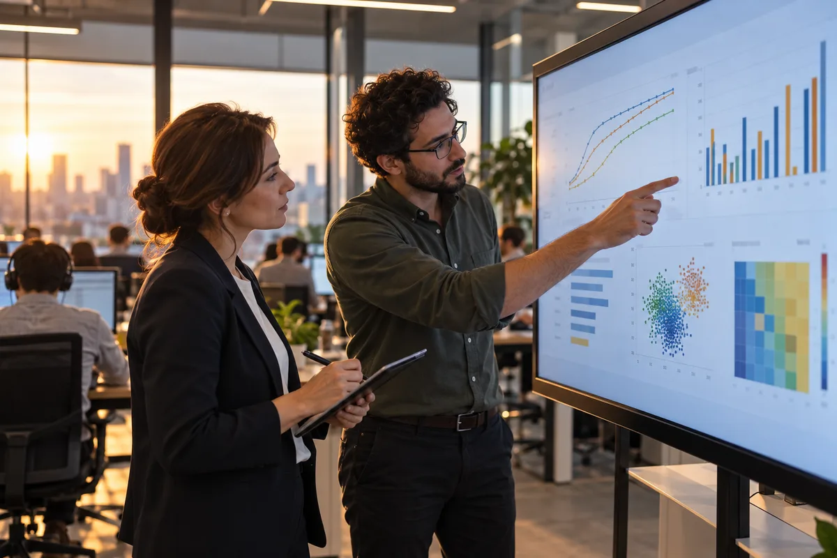 Auditor taking notes while a machine-learning engineer points to model performance charts on a large screen