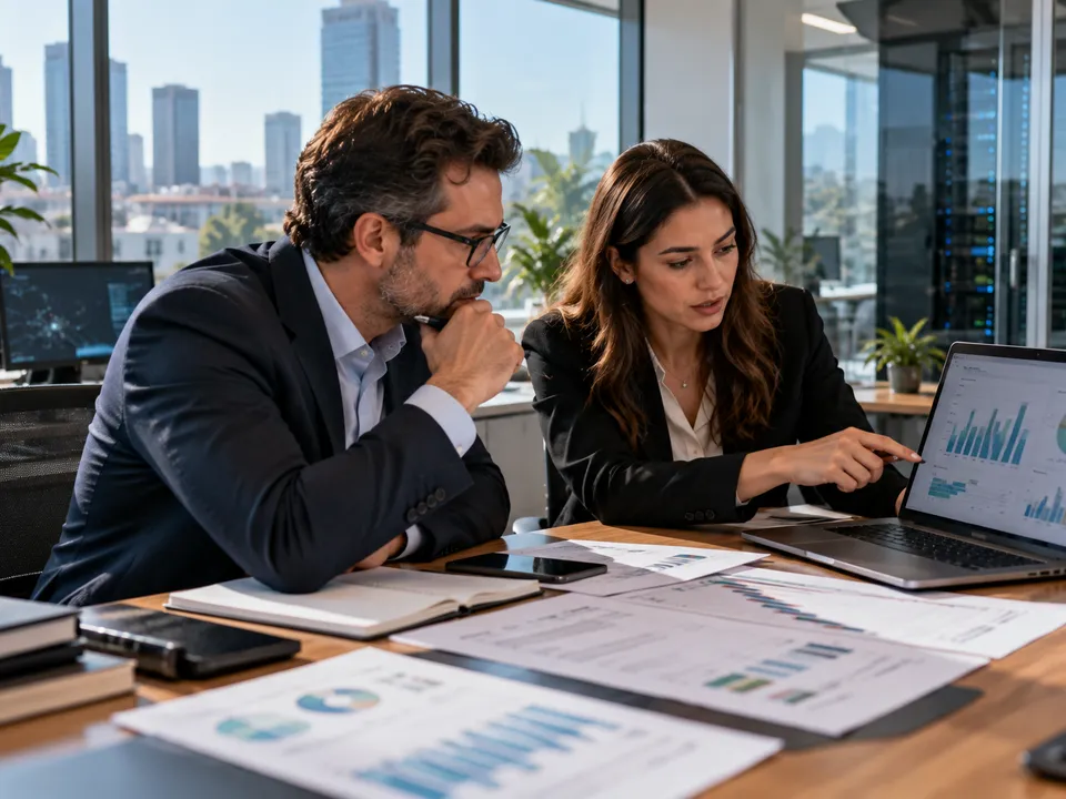 Finance manager and IT security manager reviewing a budget chart on a laptop next to printed project plans