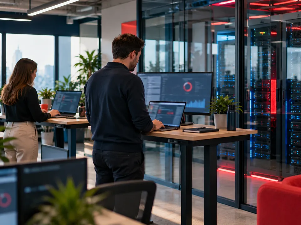 Team working at laptops in a modern technology office