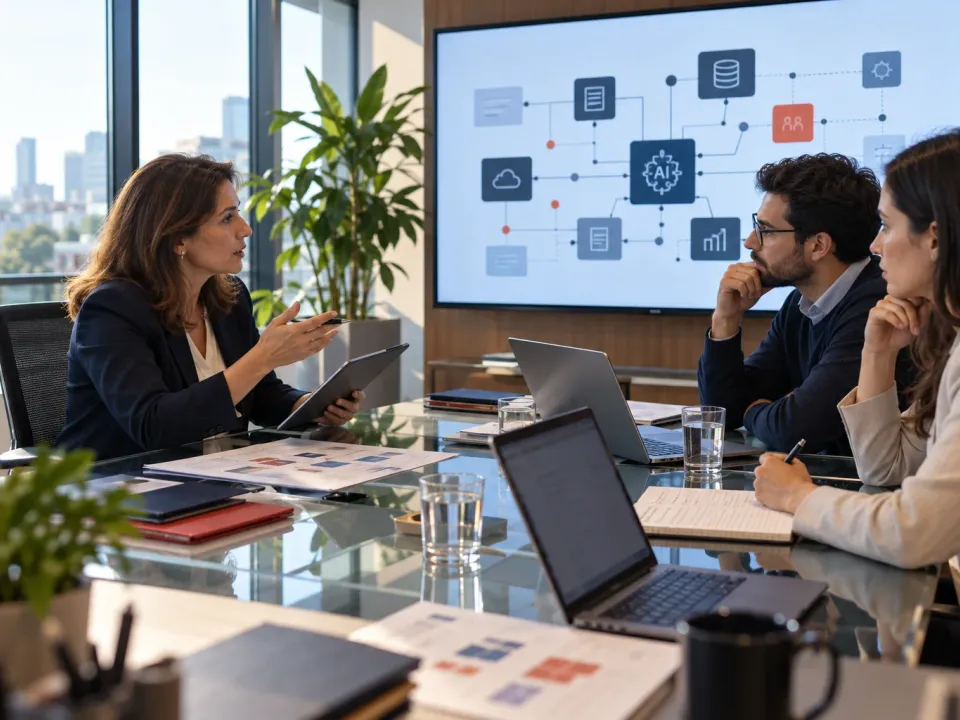 Auditor discussing an AI system map on a wall screen with a data scientist and a compliance manager in a meeting room