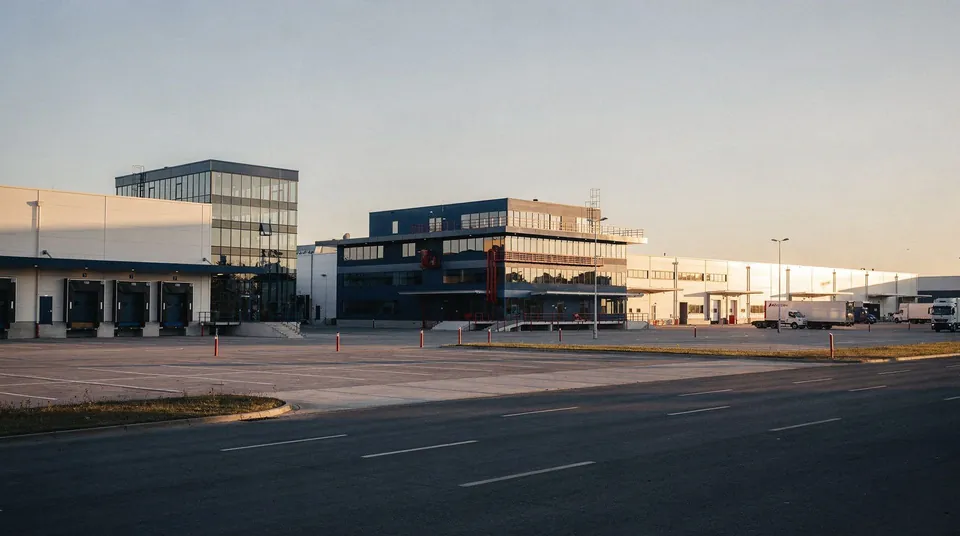 Modern industrial estate with factories and offices at sunrise