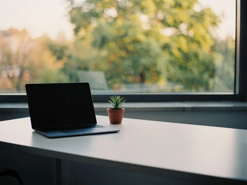 Modern office desk by a window overlooking green trees, with a closed laptop